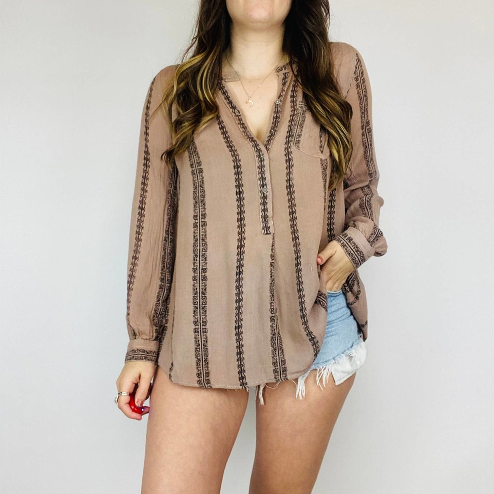 Free People Brown Purple Boho Henley Oversized Top - Picture 1 of 5